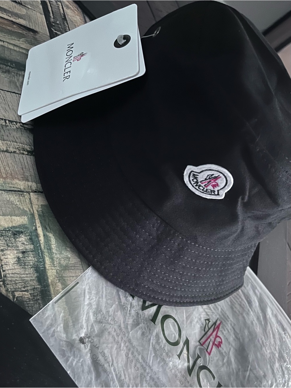 Moncler Black Bucket Hat with White Embroidered Logo